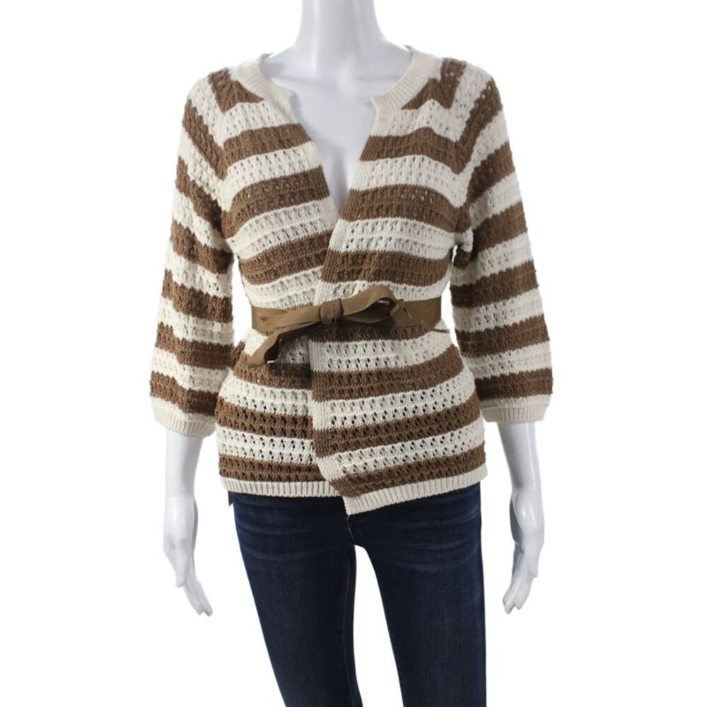 Johanna Paris Womens Brown Striped Cardigan 3/4 Sleeve 50% Cotton Size S